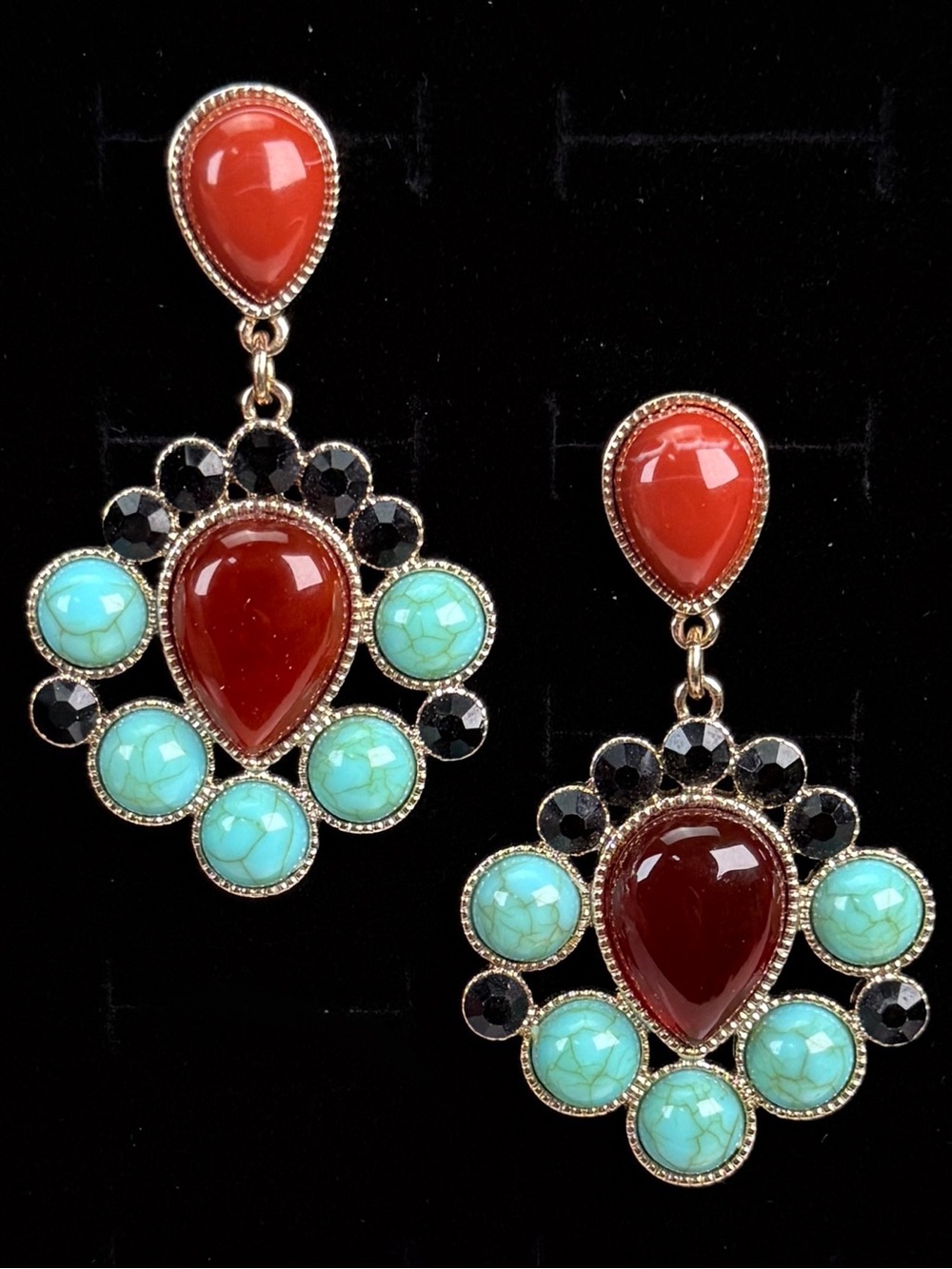 Elegant Goldtone multicolored pierced dangle statement earrings